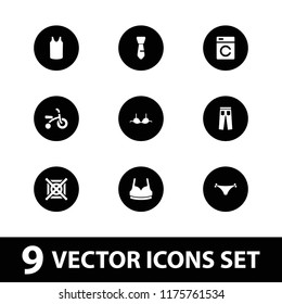 Clothes icon. collection of 9 clothes filled icons such as washing machine, sport bra, bra, singlet, tie, child bicycle. editable clothes icons for web and mobile.