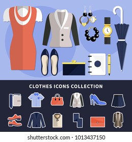 Clothes icon collection with flat wardrobe items in flat style colored and isolated vector illustration