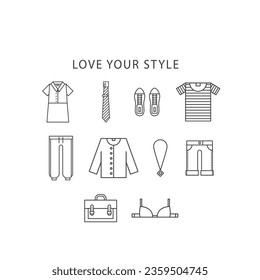 clothes icon collection, clothes line vector icon illustration, shirts, trouser, bags etc