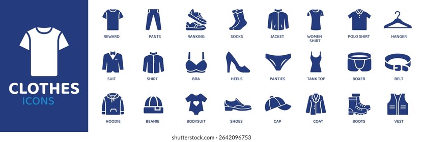Clothes - Icon Collection. Thin Line Set contains such Icons as Shirt, Pants, Dress, Skirt, Jacket, Coat, Hoodie and more. Simple web icons set.