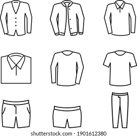 Männer ziehen flache Vektorsymbole an. Einfache lineare Symbole männlicher Grundkleidung. Hauptkategorien für Online-Shop. Übersichtliche Infografiken. Contour Silhouetten von Unterwäsche, Hemden.
