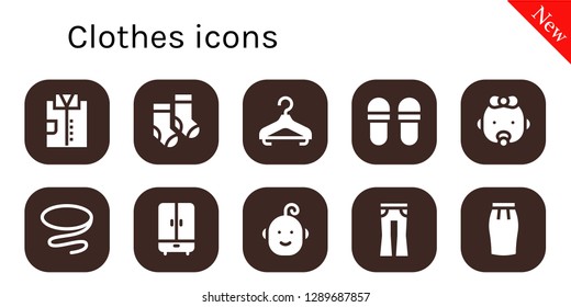  clothes icon set. 10 filled clothes icons. Simple modern icons about  - Shirt, Socks, Hanger, Slippers, Baby, Tie, Wardrobe, Jeans, Skirt