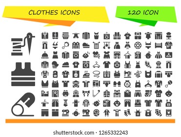  clothes icon set. 120 filled clothes icons. Simple modern icons about  - Thread, Safety pin, Sleeveless shirt, Clothes, Wardrobe, Cardigan, Dress, Washing machine, Vest, Shirt