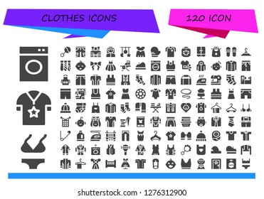  clothes icon set. 120 filled clothes icons. Simple modern icons about  - Washing machine, Bikini, Shirt, Rattle, Shorts, Bulletproof vest, Bedouin, Crib toy, Dress, Mitten, Football jersey