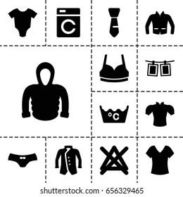 Clothes icon. set of 13 filled clothesicons such as washing machine, baby onesie, shirt, laundry, no bleaching, female underwear, sport bra, blouse, jacket, hoodie, tie