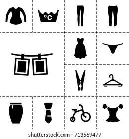 Clothes icon. set of 13 filled clothes icons such as child bicycle, hanger, laundry, female underwear, blouse, woman pants, skirt, tie, dress, cloth pin