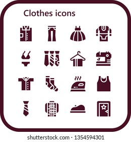 clothes icon set. 16 filled clothes icons.  Collection Of - Shirt, Jeans, Dress, Tunic, Bikini, Tie, Hanger, Sewing, Socks, Iron, Sport shirt, Jacket, Beret, Dressing room