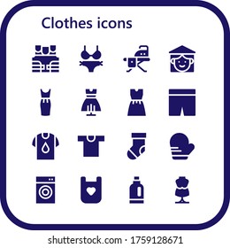 Clothes Icon Set. 16 Filled Clothes Icons.  Simple Modern Icons Such As: Bulletproof Vest, Bikini, Ironing Board, Vietnamese, Dress, Shorts, Shirt, Sock, Mitten, Washing Machine