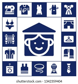 clothes icon set. 17 filled clothes icons.  Simple modern icons about  - Sewing, Bikini, Sewing machine, Vietnamese, Tshirt, Shorts, Hanger, Scarf, Washing machine, Sleeveless