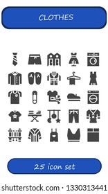 clothes icon set. 25 filled clothes icons.  Collection Of - Tie, Swim shorts, Dressing room, Dress, Laundry, Shirt, Slippers, Jacket, Hanger, Football jersey, Safety pin, Beret