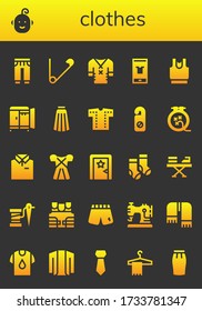 clothes icon set. 26 filled clothes icons. Included Sweatpants, Baby, Safety pin, Clothes, Fashion, Wardrobe, Skirt, Shirt, Hanger, Knit, Dress, Dressing room, Socks, Iron icons