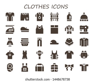 clothes icon set. 30 filled clothes icons.  Collection Of - Tshirt, Shorts, Shirt, Sewing machine, Detergent, Beanie, Iron, Beret, Sport shirt, Washing machine, Jacket, Dress