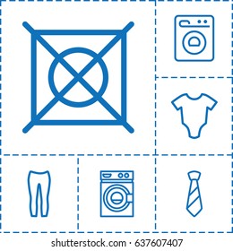 Clothes icon. set of 6 clothes outline icons such as baby onesie, washing machine, no dry cleaning, woman pants