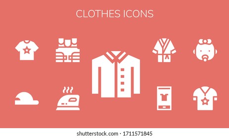 clothes icon set. 9 filled clothes icons.  Simple modern icons such as: Shirt, Iron, Bulletproof vest, Baseball cap, Baby, Fashion, Bathrobe