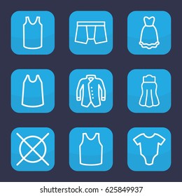 Clothes icon. set of 9 outline clothes icons such as baby onesie, no dry cleaning, man underwear, singlet, skirt, jacket