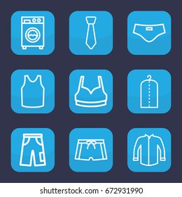 Clothes icon. set of 9 outline clothes icons such as clothes on hanger, sport bra, singlet, jacket, pants, washing machine, tie