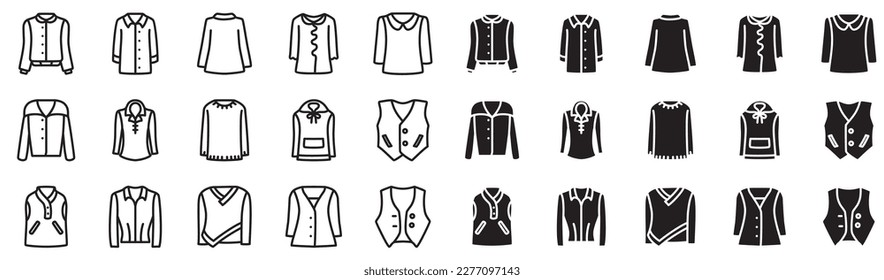 Clothes icon set. Blouse, sweater and turtleneck.