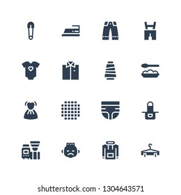 clothes icon set. Collection of 16 filled clothes icons included Hanger, Hoodie, Baby, Machine, Apron, Diaper, Cloth, Dress, Baby food, Thread, Shirt, Baby clothes, Lederhosen