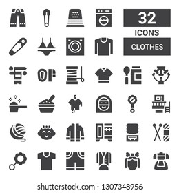 clothes icon set. Collection of 32 filled clothes icons included Dress, Troglodyte, Tuxedo, Pants, Shirt, Rattle, Knit, Water machine, Wardrobe, Jacket, Baby girl, Yarn, Machine