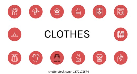 clothes icon set. Collection of Jumper, Clothes, Bikini, Sleeveless shirt, Washing machine, Laundry, Blouse, Kimono, Apron, T shirt, Hanger, Anorak icons