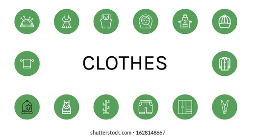 clothes icon set. Collection of Pin cushion, Dress, Sleeveless shirt, Baby girl, Apron, Baseball cap, Beanie, Coat stand, Shorts, Closet, Clothespin, Towel hanger, Coat icons