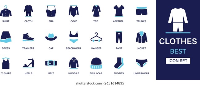 Coleção de conjuntos de ícones de roupas. Camisa, sutiã, casaco, pijama, vestuário, troncos, vestido, treinadores, boné, roupas de praia, cabide, calça, jaqueta e melhor conjunto de ícone sólido.