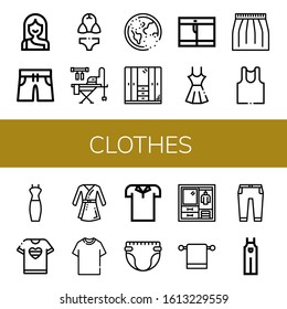 Clothes Icon Set. Collection Of Troglodyte, Swimming Trunks, Bikini, Ironing Board, Ozone, Wardrobe, Shorts, Dress, Skirt, Undershirt, Tshirt, Bathrobe, Polo Shirt, Diaper Icons