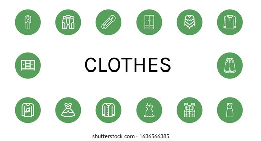 Clothes Icon Set. Collection Of Tuxedo, Pant, Safety Pin, Wardrobe, Poncho, Polo Shirt, T Shirt, Dress, Cardigan, Bulletproof Vest, Closet, Trousers Icons