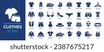 Clothes icon set. Containing shirt, pants, shoes, socks, shorts, jacket, dress, coat, hat, hanger and more. Solid clothing icons vector collection.