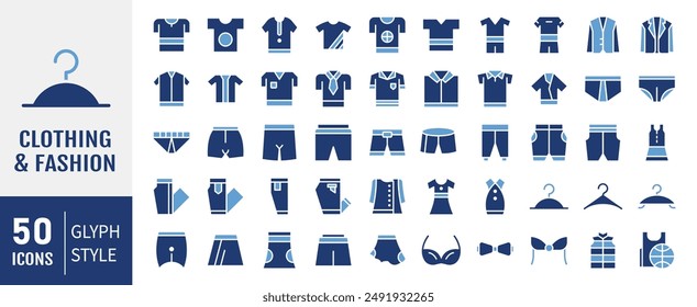 Clothes icon set. Containing shirt, pants, shoes, socks, shorts, jacket, dress, coat, hat, hanger and more. glyph clothing icons vector collection.