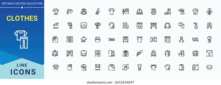 Clothes icon set. Contains outline symbols like fashion, dress, outerwear, wear, apparel and more. Modern vector UI icons. Outfit icon. Editable stroke. Vector illustration.