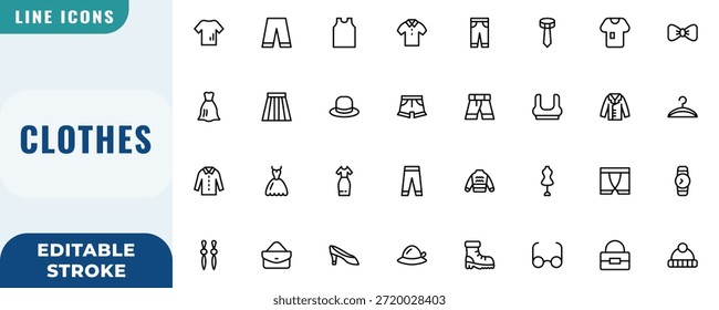 Conjunto de iconos de ropa. Conjunto de Vectores de trazo editable. Icono de línea.