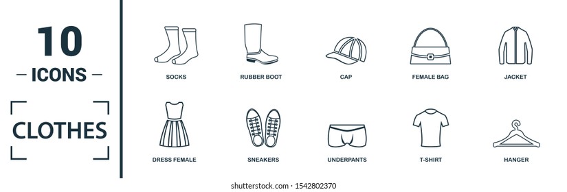 Clothes icon set. Include creative elements t-shirt, jacket, pants, socks, shoes icons. Can be used for report, presentation, diagram, web design.