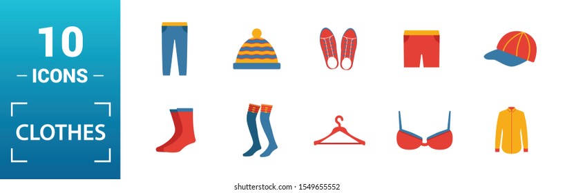 Clothes icon set. Include creative elements t-shirt, jacket, pants, socks, shoes icons. Can be used for report, presentation, diagram, web design.