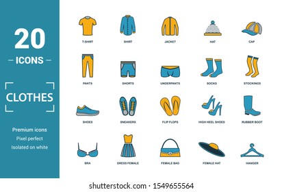 Clothes icon set. Include creative elements t-shirt, jacket, pants, socks, shoes icons. Can be used for report, presentation, diagram, web design.