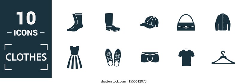 Clothes icon set. Include creative elements t-shirt, jacket, pants, socks, shoes icons. Can be used for report, presentation, diagram, web design.