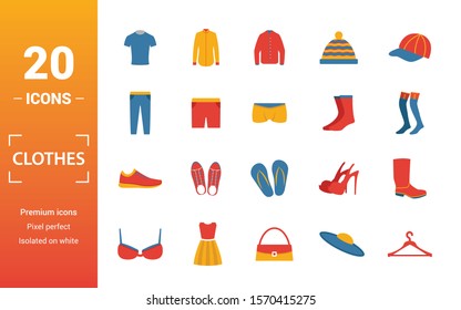 Clothes icon set. Include creative elements t-shirt, jacket, pants, socks, shoes icons. Can be used for report, presentation, diagram, web design.