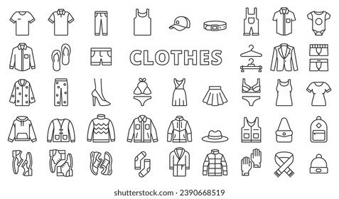 Clothes icon set line design. T-shirt, hoodie, sweater, jacket, shoes, cardigan, hat, scarf, mittens, jacket, dress, coat vector illustrations. Clothes editable stroke icons