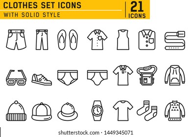 Icono de ropa con estilo de línea en fondo blanco aislado. Juego de iconos vectoriales de ropa, suéter, cinturón, pantalones t, capota de tanque, zapatillas, pantalones, ropa interior, zapatillas, gafas de sol, reloj de pulsera, sombrero y otros