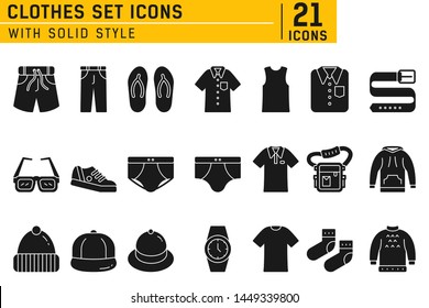 Clothes icon set with solid style in isolated white background. Clothes vector icon set, sweater, belt, t-shirt, tank top, slippers, pants, underwear, sneakers, sunglasses, wristwatch, hat and other