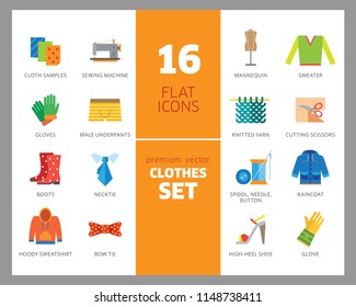 Clothes icon set. Sweater, boots, sewing machine, gloves, hat. Garment concept. Can be used for topics like dressmaking, tailoring, clothing shop, online store