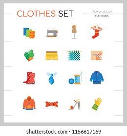 Clothes icon set. Sweater, boots, sewing machine, gloves, hat. Garment concept. Can be used for topics like dressmaking, tailoring, clothing shop, online store