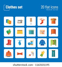 Clothes icon set. Sweater, boots, sewing machine, gloves, hat. Garment concept. Can be used for topics like dressmaking, tailoring, clothing shop, online store