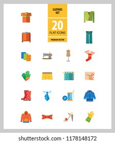 Clothes icon set. Sweater, boots, sewing machine, gloves, hat. Garment concept. Can be used for topics like dressmaking, tailoring, clothing shop, online store