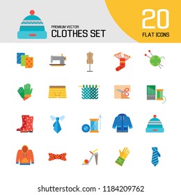 Clothes icon set. Sweater, boots, sewing machine, gloves, hat. Garment concept. Can be used for topics like dressmaking, tailoring, clothing shop, online store