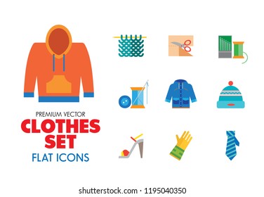 Clothes icon set. Sweater, boots, sewing machine, gloves, hat. Garment concept. Can be used for topics like dressmaking, tailoring, clothing shop, online store