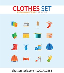 Clothes icon set. Sweater, boots, sewing machine, gloves, hat. Garment concept. Can be used for topics like dressmaking, tailoring, clothing shop, online store