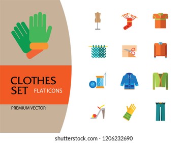 Clothes icon set. Sweater, boots, sewing machine, gloves, hat. Garment concept. Can be used for topics like dressmaking, tailoring, clothing shop, online store