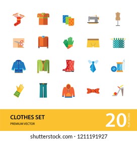 Clothes icon set. Sweater, boots, sewing machine, gloves, hat. Garment concept. Can be used for topics like dressmaking, tailoring, clothing shop, online store
