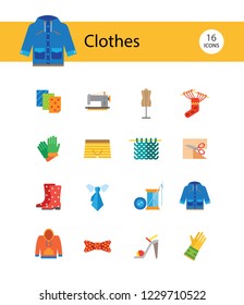 Clothes icon set. Sweater, boots, sewing machine, gloves, hat. Garment concept. Can be used for topics like dressmaking, tailoring, clothing shop, online store